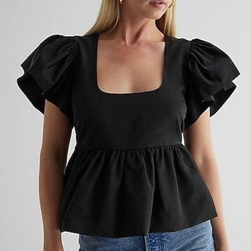 Express Black Square Neck Ruffle Sleeve Peplum Babydoll Top Women's XS Blouse - Picture 1 of 5